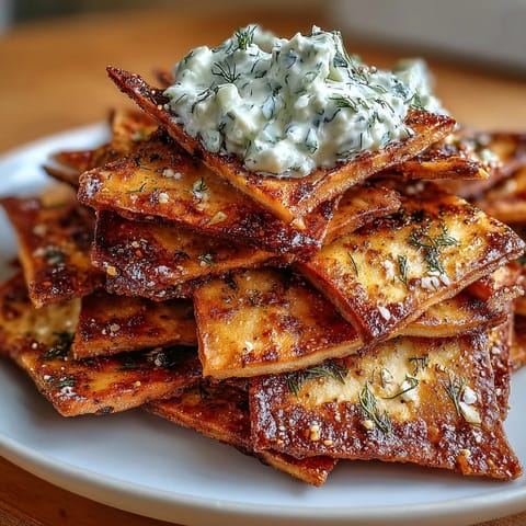 Homemade pita chips with tzatziki — golden-brown wedges paired with a refreshing, garlicky cucumber yogurt dip for a Mediterranean snack.