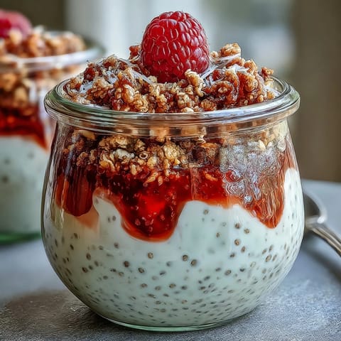 Zesty lemon chia pudding parfait layered with crunchy granola and tangy raspberry compote for a refreshing breakfast or dessert.