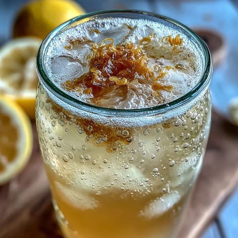 Refreshing glass of sparkling fermented lemonade with natural bubbles and tangy citrus aroma.  