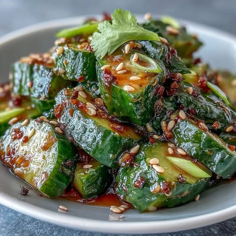 Vibrant smashed cucumber salad with garlic, chili oil, and sesame dressing, garnished with sesame seeds and scallions.