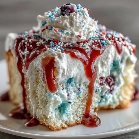 Vibrant red white blue poke cake with creamy whipped topping and festive sprinkles, perfect for Memorial Day celebrations and summer gatherings.