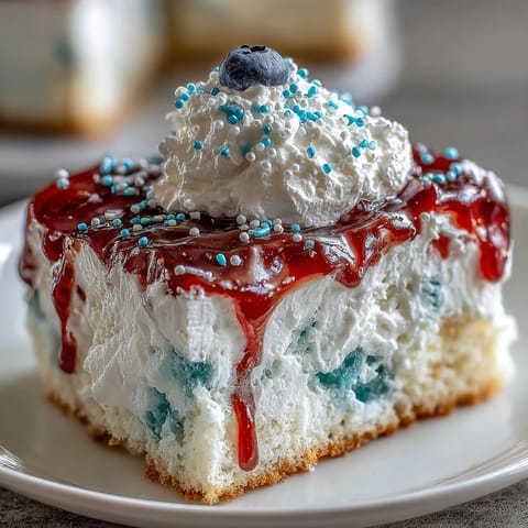 Colorful Memorial Day poke cake with red and blue gelatin swirls in white cake, topped with fluffy whipped topping and patriotic sprinkles.