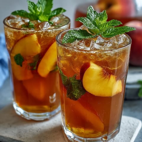Refreshing iced peach green tea lemonade in a clear glass with ice, garnished with peach slices and mint leaves.  