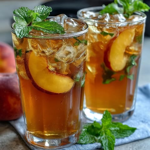 Vibrant layers of green tea, peach syrup, and lemonade blend beautifully in a tall glass over ice for a summer drink.  