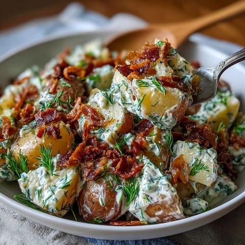 Memorial Day Potato Salad with Dill and Bacon, featuring crispy bacon and fresh dill in a tangy dressing.  