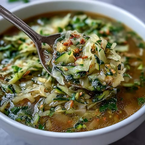 A vibrant bowl of spring detox cabbage soup with fresh ginger, lemon, and turmeric, perfect for a healthy cleanse.