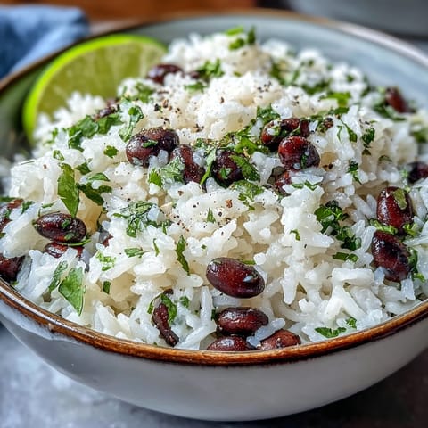 Vibrant Coconut Lime Rice with Cilantro and Black Beans, a dish bursting with fresh flavors.