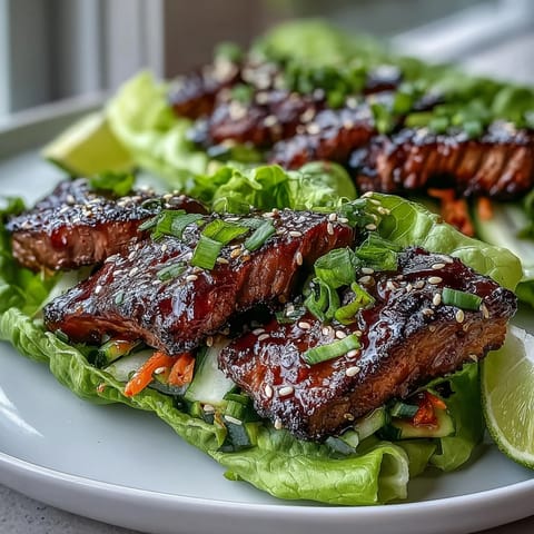 Flavorful Korean BBQ beef wraps showcasing tender meat and vibrant, crunchy toppings.