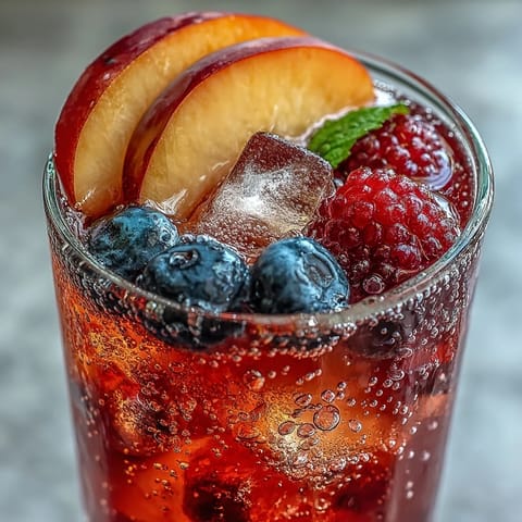 Vibrant Summer Sangria Mocktail with peaches and berries, chilled and ready to refresh.