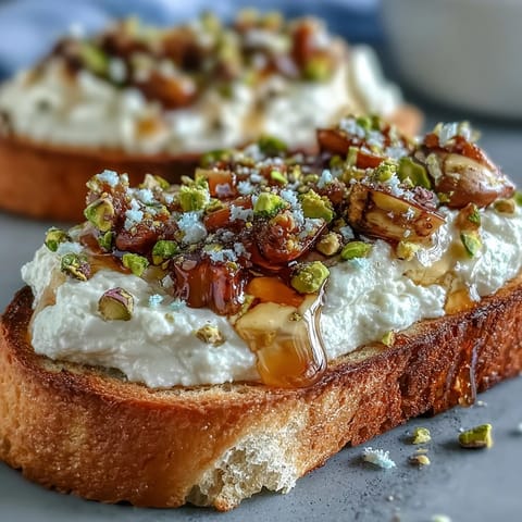 Delicious whipped ricotta toast with golden honey drizzle and green pistachio crunch.