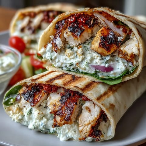 Juicy Tzatziki Chicken Wraps, perfect for a quick, healthy Mediterranean lunch.