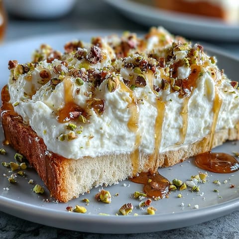 Whipped ricotta toast with honey and pistachios, showing fluffy spread on crispy bread.