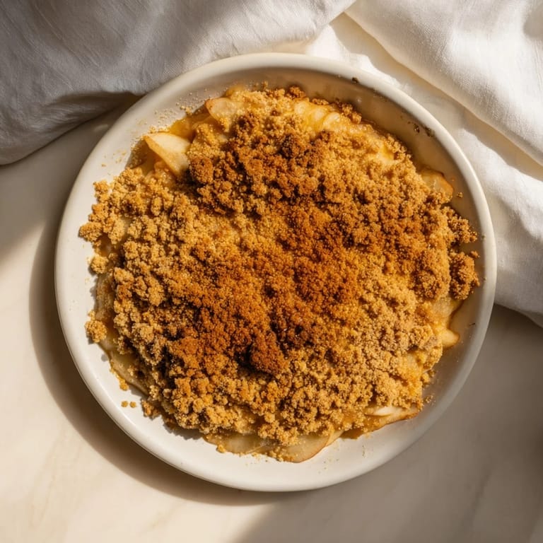 A warm dish of golden-brown apple cinnamon crumble, ready to be served with creamy vanilla ice cream.