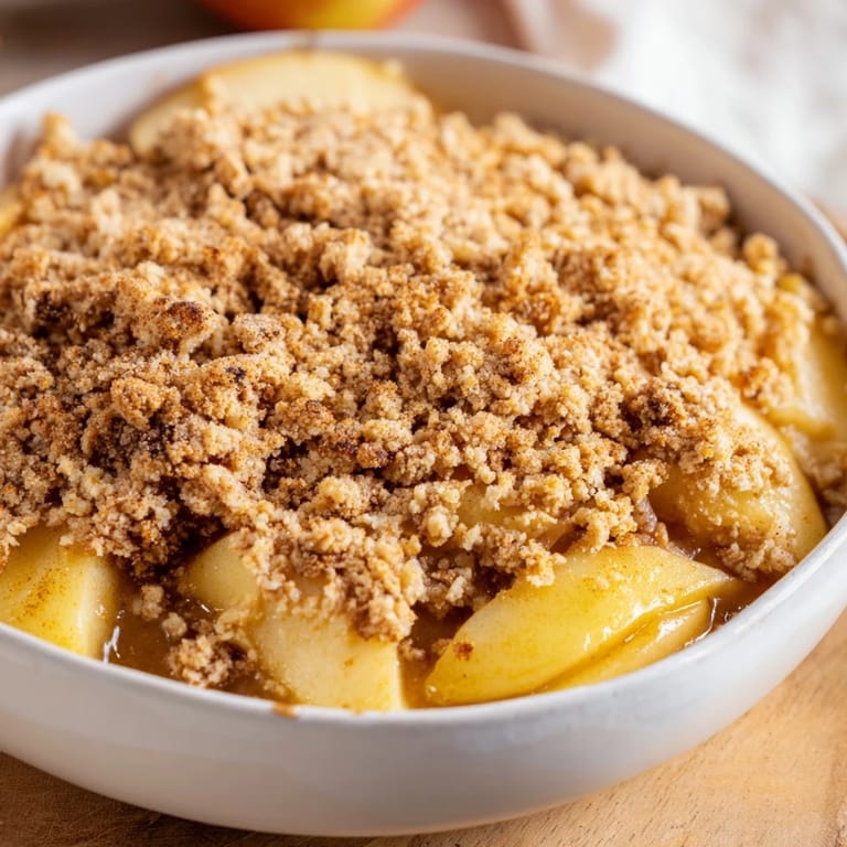 Freshly baked warm rustic apple and cinnamon crumble, showcasing tender apples beneath a buttery, sweet topping.