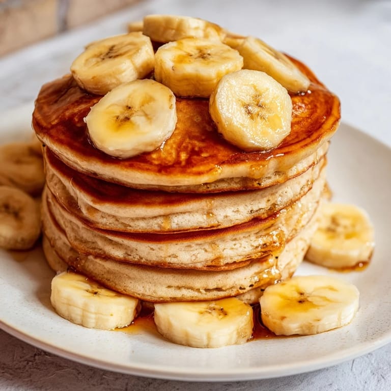 Fluffy, golden Weekend Golden-Brunch Banana Pancakes with sliced bananas, ready for a delicious breakfast feast.