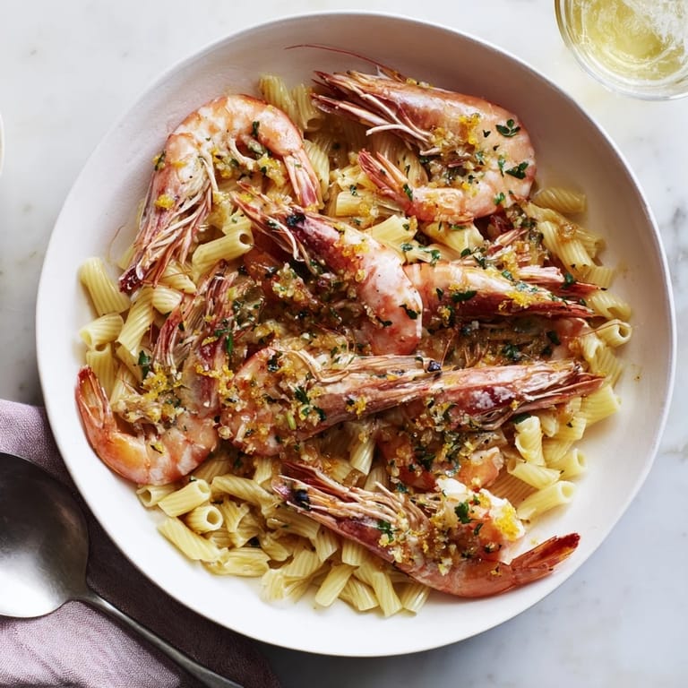 A close-up of steaming Light & Bright Lemon Herb Shrimp Scampi, showcasing fresh herbs and pasta in serving bowls.