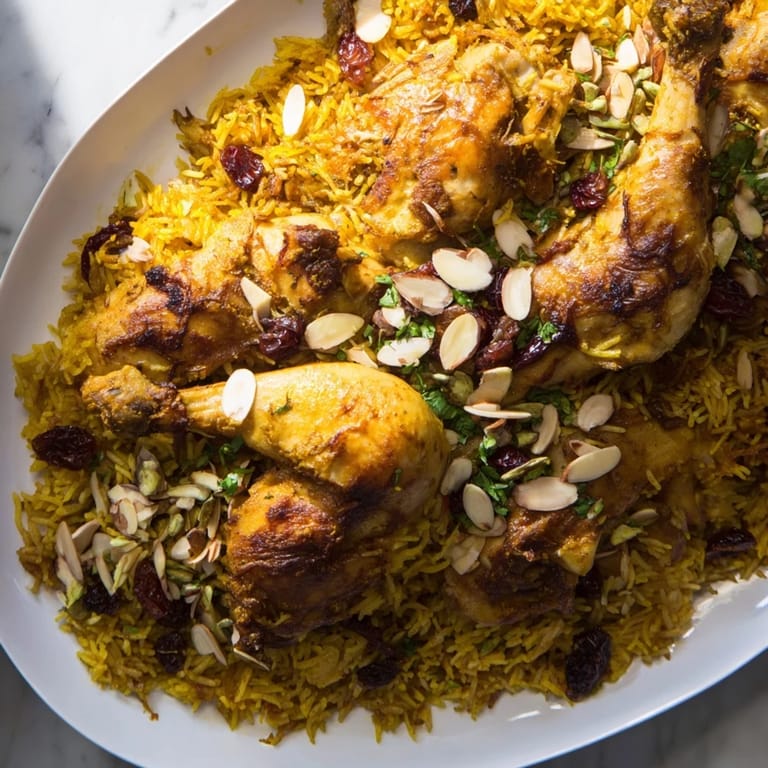 Steaming saffron chicken and rice pilaf with toasted almonds and herbs, perfect for a flavorful meal.