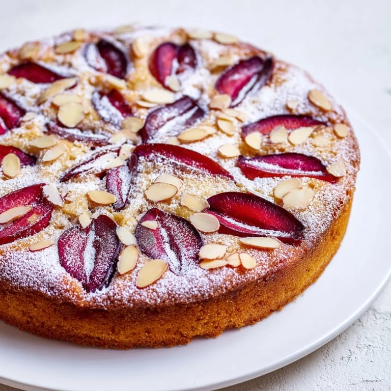 Homemade soft sweet plum-infused almond cake, showcasing sugared plums perfect for a cozy dessert occasion.