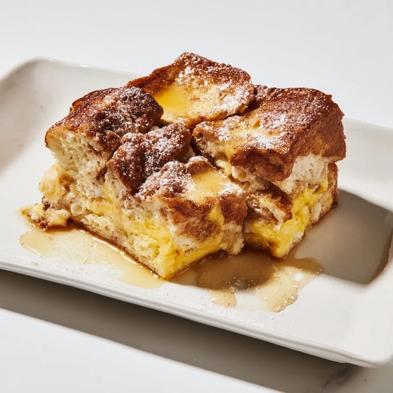 A close-up of Soft Spice Baked French Toast Casserole, showing a custard-soaked brioche, ready to serve.