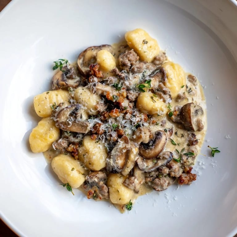 Warm aromas emanate from this delicious Woodsy Skillet Sausage and Mushroom Gnocchi dinner, ready to serve and enjoy.