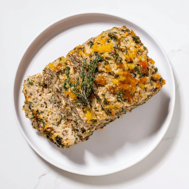 A close-up of tender everyday herb-sprigged turkey meatloaf, showcasing fresh herbs and a perfectly browned crust.