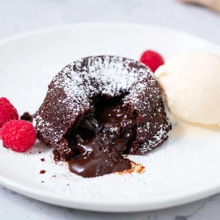 Molten cocoa center of rich dark chocolate lava cakes, oozing out after being inverted onto plates.