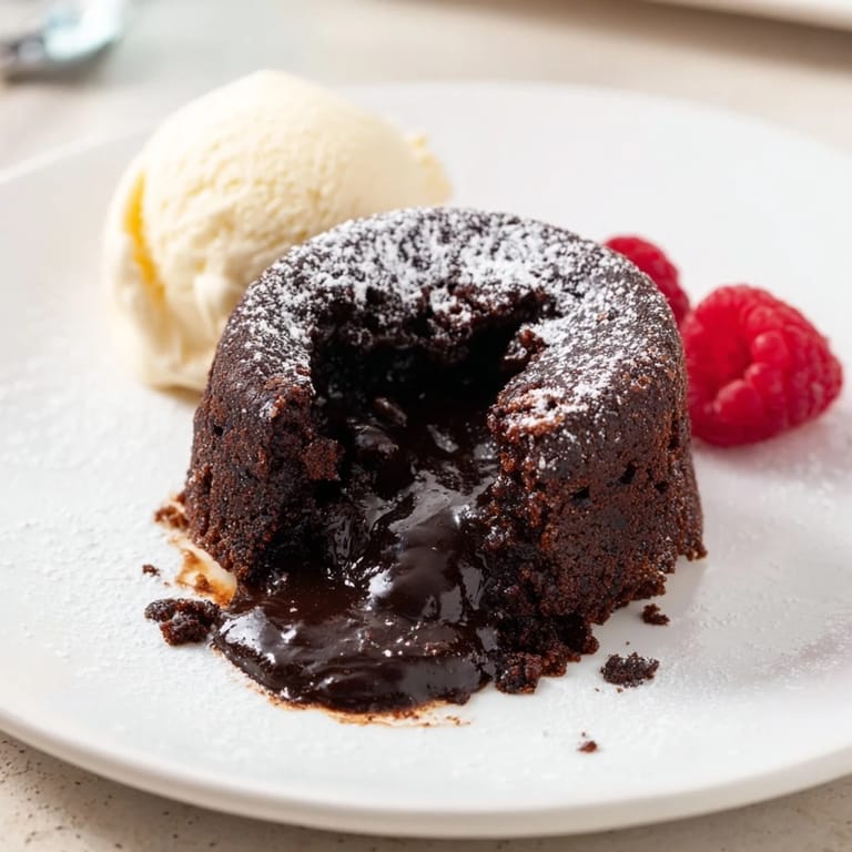 Freshly baked dark chocolate lava cakes, dusted with powdered sugar, offering a delightful sensory experience.