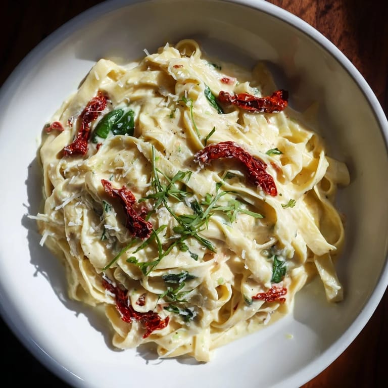 Enjoy a flavorful glimpse of One-Pot Creamy Tuscan Garlic Herb Pasta, featuring sun-dried tomatoes and spinach.