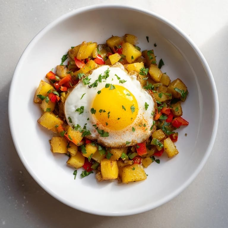 Vibrant Simple Skillet Egg and Potato Hash with a medley of sautéed vegetables, ready to serve with fresh parsley.