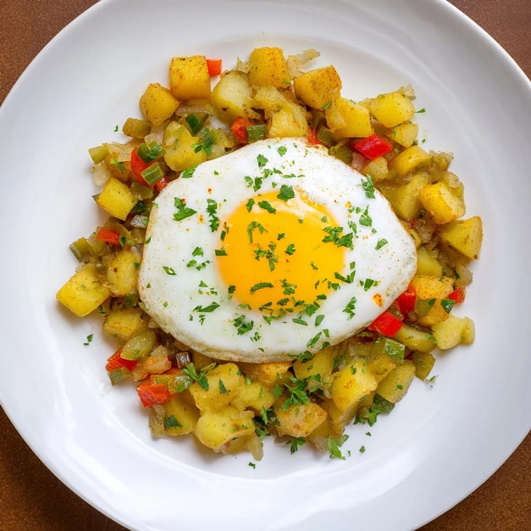 A delicious skillet of Simple Skillet Egg and Potato Hash, featuring a tender potato base and runny egg yolks.