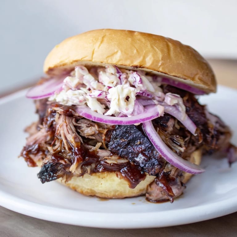 Close-up of a Fire-Kissed BBQ Pulled Pork Sandwich, showing tender meat, glistening sauce, and fresh herbs.