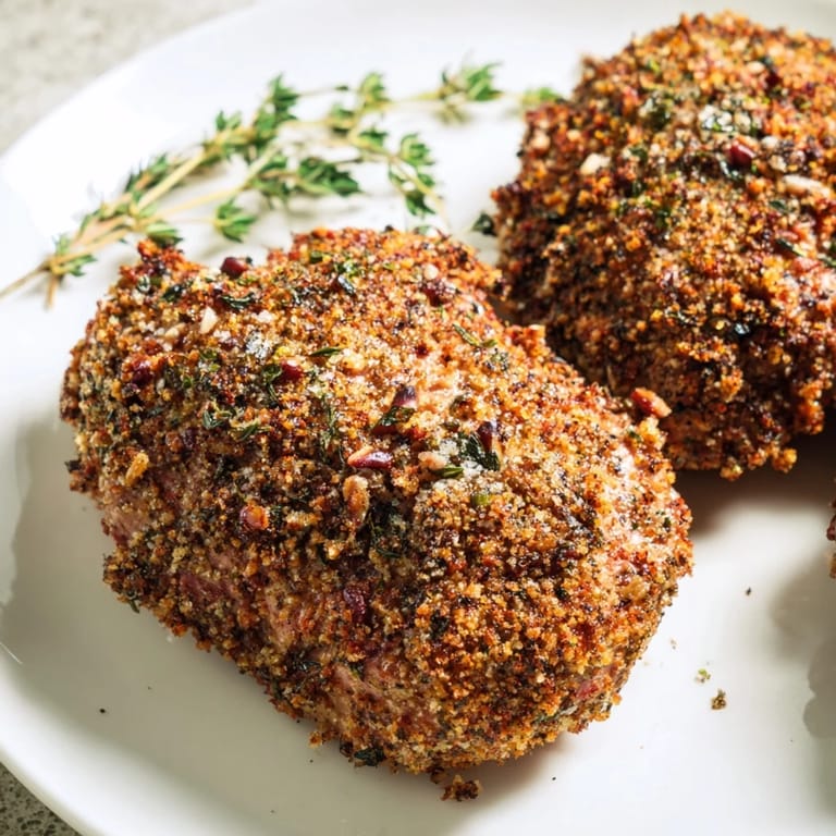 Juicy medallions of thyme and pecan crusted pork tenderloin, with crispy crust, ready to devour.