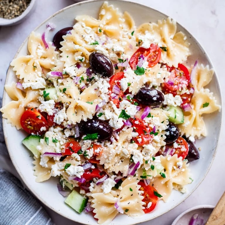 Fresh cherry tomatoes shine in this vibrant Mediterranean Olive Oil and Feta Pasta Salad recipe, perfect for summer.
