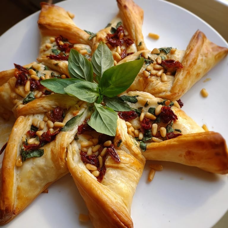 Close-up of a festive Poinsettia Puff Pastry Appetizer, showcasing flaky layers and sun-dried tomatoes.