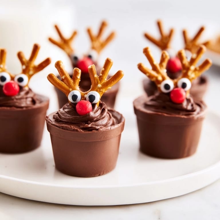 Adorable close-up of chocolate reindeer pudding cups with pretzels and candy features.