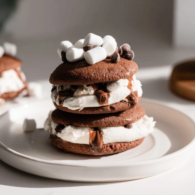 Stack of Hot Cocoa Mug Cookies: Chocolate cookies layered with sweet marshmallow frosting, ready to enjoy.