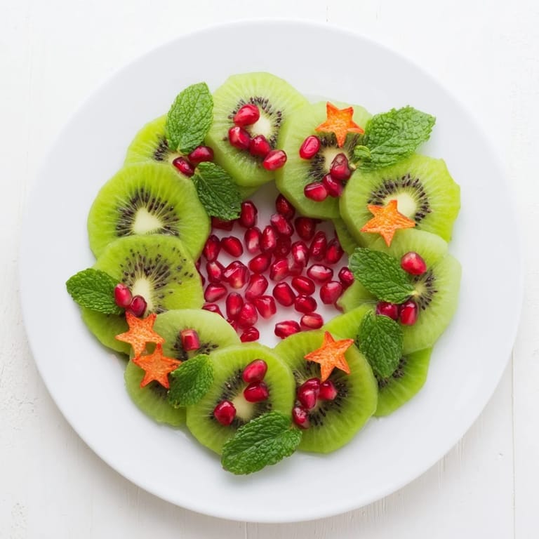 Freshly assembled Kiwi and Pomegranate Christmas Wreath: a visually stunning, healthy, and festive dessert option.