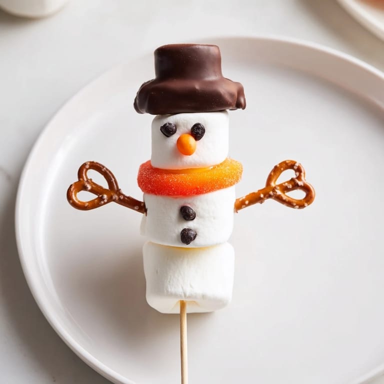 Sweet marshmallow snowman sticks, decorated with chocolate, ready for kids to enjoy as a yummy snack.