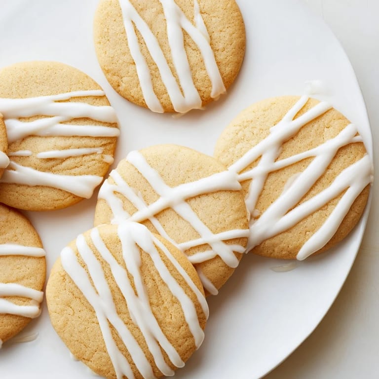 Buttery, round Holiday Cookies with Icing Drizzle, showing off a delicate, sweet, white icing on top.