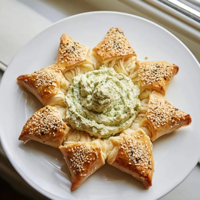 A close-up of a creamy star-shaped pesto dip nestled inside crispy pastry edges.