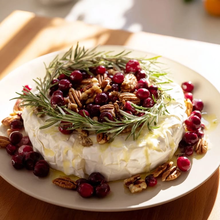 Festive Brie Cheese Wheel with Rosemary Wreath: an appetizer garnished with vibrant red cranberries and herbs.