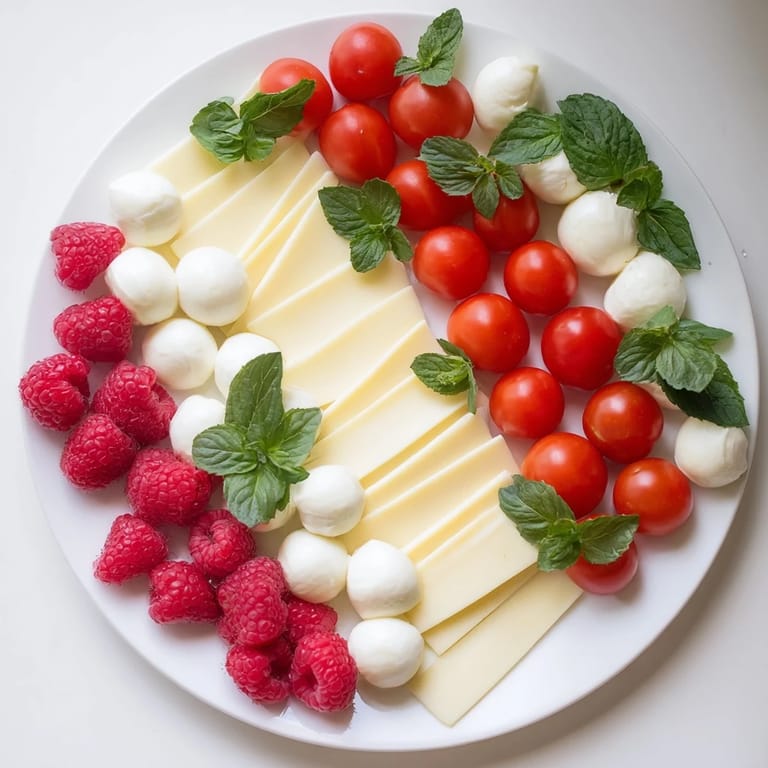 Delectable Peppermint Stripe Celebration appetizer, featuring alternating rows of cheese, fruit, and crackers.