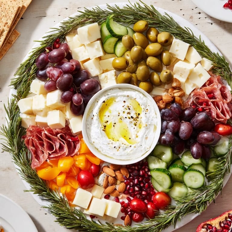 Appetizing Evergreen Wreath Board: a holiday spread with cheeses, grapes, olives, and rosemary for guests.