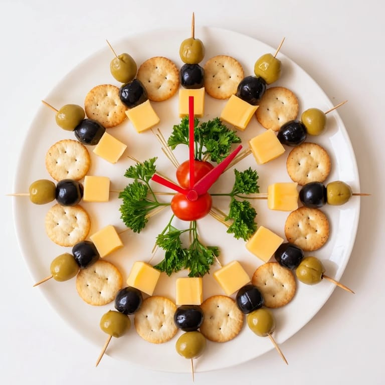 Delicious New Years Clock Countdown appetizer: crackers arranged as a clock face, cheese hands point to midnight.