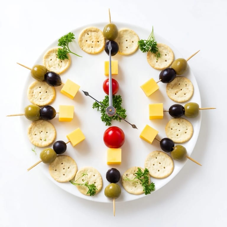 Festive party-ready Clock Countdown spread; round crackers, olives, and cheese for a New Year's Eve snack.