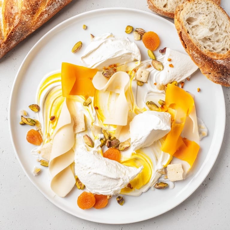 A visually stunning selection: The Saffron Silk, featuring creamy, saffron-kissed cheeses on a rustic board.