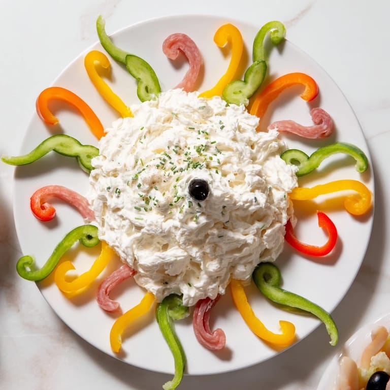 Vibrant image of The Medusa Curls: artfully arranged meats, peppers, and savory dip for entertaining.