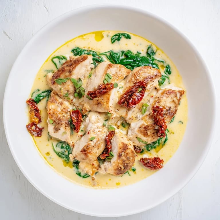 This Creamy Sun-Dried Tomato Chicken Skillet displays the luscious, creamy sauce topping tender seared chicken for dinner.