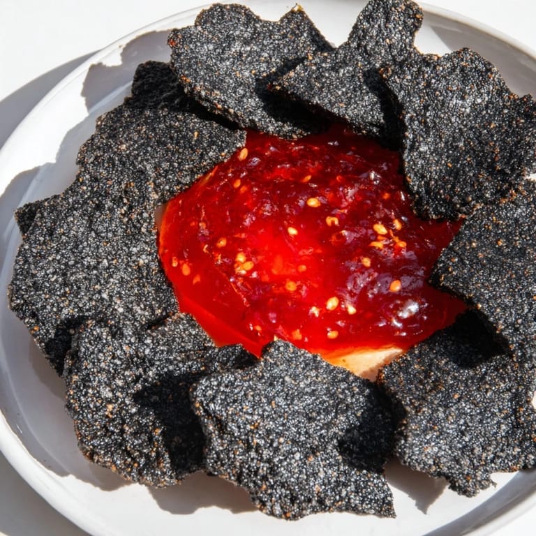 A vibrant photo of a Volcanic Flow, with spicy red jelly flowing from a cracker-ring crater.