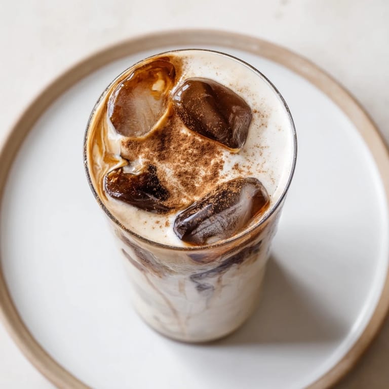 See a tall glass overflowing with Iced Brown Sugar Oat Latte, its frothy top swirled with cinnamon.
